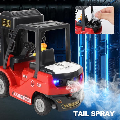 RC Forklift with Trailer, 2 in 1 Transform Lift Fork & Hook, Kids Forklift Toy with Light & Sound & Spray, 11 Channel Remote Control Forklift, Construction Vehicles Toy Gift for Kids 6+ (Red)