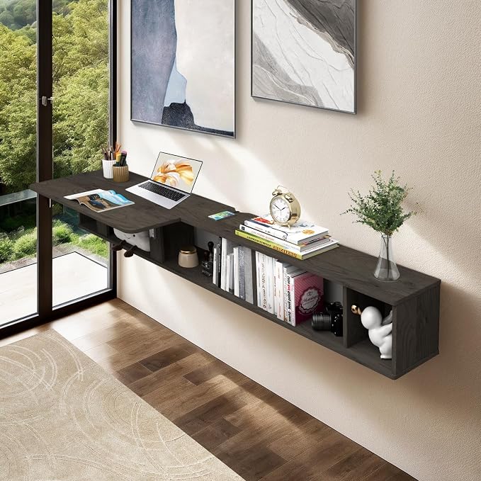 Pmnianhua 63'' Floating Desk with Storage Shelves,Wall Mounted Desk Laptop Computer Writing Study Table for Bedroom Small Space(Dark Grey)