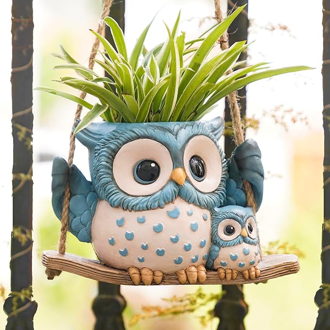 Swing Owl Hanging Planters for Indoor Plants, Cute Small Succulent Pots with Drainage Hole, Unique Resin Plant Hangers Outdoor, Hanging Plant Holder for String Of Pearls, Gift Ideas for Mother
