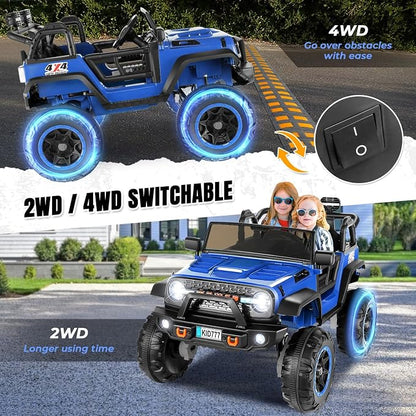 Hikole 24V Ride-on Car for Big Kids, 2 Seater Kids Ride Off-Road Car with Remote Control, Switchable 2WD/4WD, Extra Large 20" Seats, Spring Suspension, Music, 5.9MPH - Blue