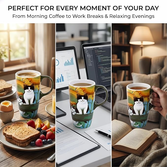 Topadorn 17oz Ceramic Travel Mug with Lid, Sunflower & Cat Coffee Mug | Coffee Mug with Handle, Cat & Sunflower Design, Spill-Resistant Lid, Microwave & Dishwasher Safe, Gift Box Included