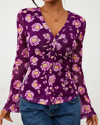 BTFBM Button Down Shirts for Women 2026 Fall Boho Tops V Neck Long Sleeve Blouses Ruched Mesh Fitted Fashion Clothing
