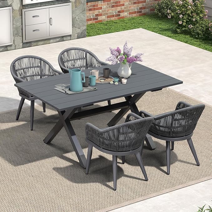 PURPLE LEAF 5 Pieces Patio Dining Set with Outdoor Aluminium Dining Table and Woven Chairs Modern Metal Furniture Cushions Sets for Garden Yard Indoor Decor Kitchen Gray