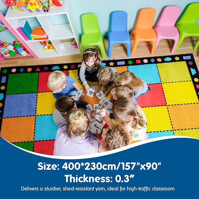 Booooom Jackson Thick Classroom Rug Elementary,13'x7'5'' Large Classroom Carpet Preschool Seating Rug for School, Colorful Classroom Rug for Classroom with 0.3'' Non-Slip Backing