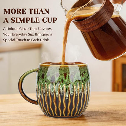 20oz Large Ceramic Coffee Mugs Unique Big Pottery Coffee Mug Microwave Safe Cool Stoneware Cups for Tea Latte Oversized Mug With Handle for Home Green Wide Clay Mugs for Men Fancy Handmade Ceramic Cup
