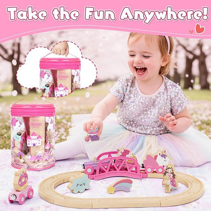 Lehoo Castle Wooden Train Set for Girls, Unicorn Train Set for Toddlers 2-4, Wooden Train Track with Storage Bag, Pink Train Fantasy Toys for 3 Year Old Girl Christmas Birthday Gifts