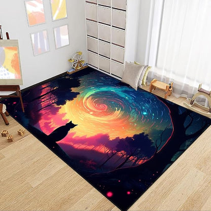 Moon Black Cat Rug - Mystical Stary Night Cat Rug for Kids Bedroom Colorful Black Cat Rug Decor Room Cat Door Mats Outdoor Entrance, 4.5x6 Feet