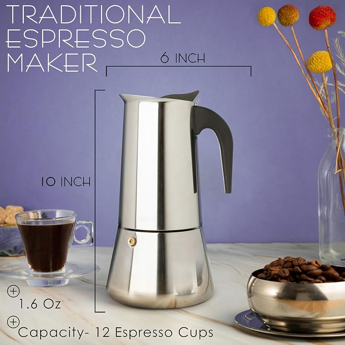 Mixpresso 12 Cup Greca Moka Pot, Stainless Steel Stovetop Espresso Maker | 600ml/20oz Italian stovetop coffee maker with classic percolator design, ideal for preparing coffee at home or while camping
