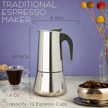 Mixpresso 12 Cup Greca Moka Pot, Stainless Steel Stovetop Espresso Maker | 600ml/20oz Italian stovetop coffee maker with classic percolator design, ideal for preparing coffee at home or while camping