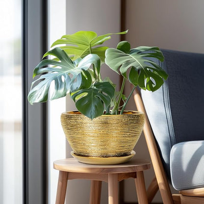 Ceramic Planter 11 Inch - Indoor Plant Pot with Drainage Hole and Saucer Large Planter for Outdoor Plants Mid-Century Decorative Flower Pot for Home Decor Gold