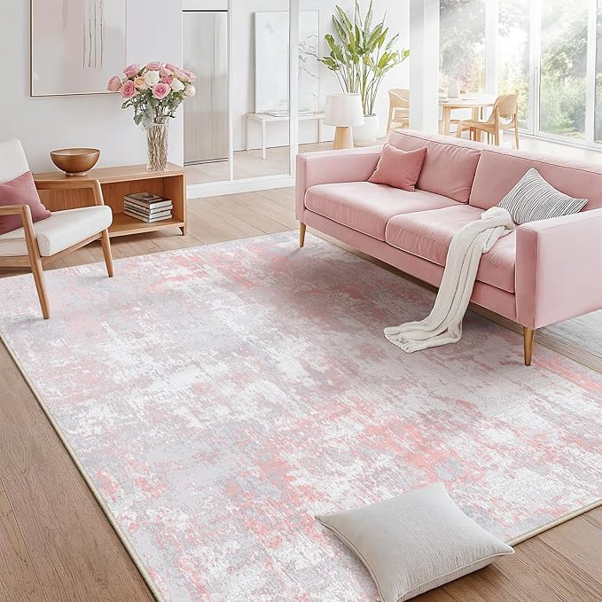 RELEANY Washable Area Rugs 9'x12' Non-Slip Modern Abstract Soft for Living Room Entryway Bedroom Kitchen, Print Pattern, Grey Pink
