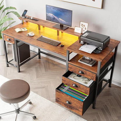 Furologee 60" Computer Desk with 4 Drawers, Power Outlet, LED, Rustic Brown | Home Office Desk with Full Monitor Stand,Storage Shelves, 4 File Drawers Cabinet ,Printer Space for Study Working Bedroom