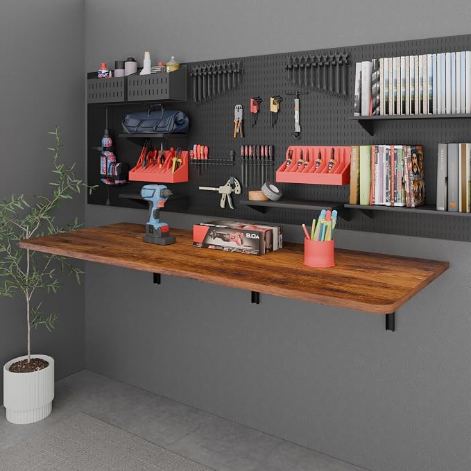 IAE 48x22in Floating Fold Desk,Wall-Mounted Folding Computer Table,Rustic | Study Table with Shelf Brackets,Foldable Down Shelf with Engineered Wood,Fold Computer Desk for Small Apartment,Holds 506 lb