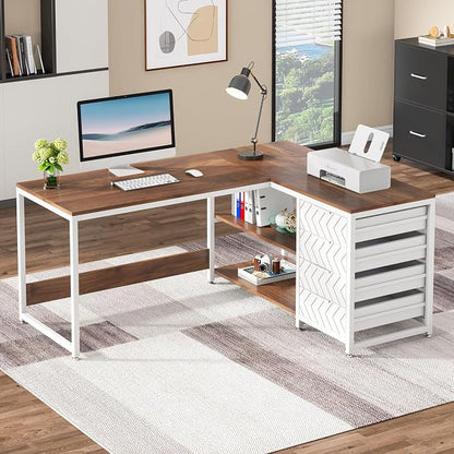Tribesigns L Shaped Computer Desk with Storage Drawers, 59 inch Corner Desk with Shelves, Reversible L-Shaped Office Desk Study Writing Table Workstation for Home Office, Walnut & White