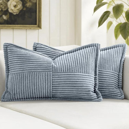 MIULEE Decorative Lumbar Throw Pillow Covers for Couch Bed Livingroom 12x20 Inch Set of 2 Dustyblue Boho Accent Throw Pllows Broadside Striped Patchwork Soft Corduroy Pillowcases