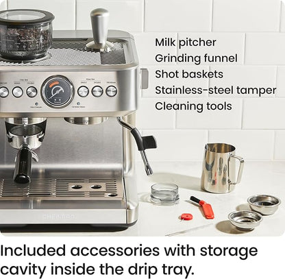 Chefman Crema Supreme 15 Bar Espresso Machine with Milk Frother, Barista Steam Wand, Professional Coffee Maker with Coffee Grinder, 30 Grind Settings, 3L Removable Water Tank - Stainless Steel