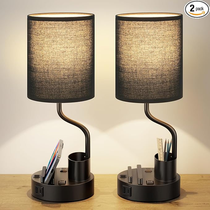 Fenmzee Bedside Lamps for Bedroom Set of 2 - Table Desk Lamp for Nightstand | 15" Table Lamp for Living Room with Pen Holder & Phone Stand, USB A+C Port, AC Outlet, 3 Color Temperature, LED Bulb Included