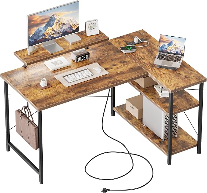 Mericonia 48 in Corner Desk with Monitor Stand, Small L Shaped Gaming Desk | Reversible Computer Desk with Power Outlets, LED Light & Storage Shelves, Office Table for Home Bedroom Study Work Writing