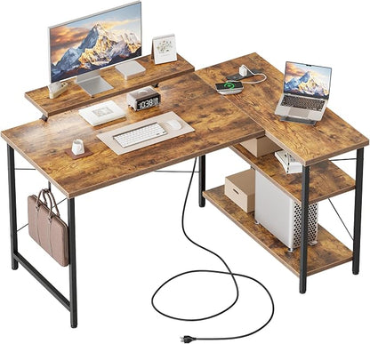 Mericonia 48 in Corner Desk with Monitor Stand, Small L Shaped Gaming Desk | Reversible Computer Desk with Power Outlets, LED Light & Storage Shelves, Office Table for Home Bedroom Study Work Writing