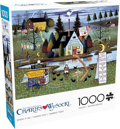 Buffalo Games Charles Wysocki - Know It All - 1000 Piece Jigsaw Puzzle - 26.75 x 19.75 in, Poster Included - 1000 Piece Puzzle for Adults - Folk Art Village Scene - Recycled Board