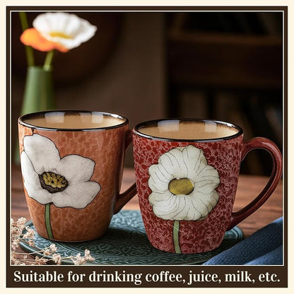 Maxdot 2 Pcs 12oz Ceramic Coffee Mugs Sets Glazing Process Cappuccino Mug Floral Ceramic Tea Cups Idea Gift Set for Women Porcelain Cup for Coffee, Cocoa, Tea, Latte (Retro) (Vintage)