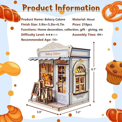 DIY Miniature House Kit, Bakery Book Nook Kit, 3D Wooden Puzzles Bookshelf Craft Kits, Dollhouse Kit with LED Light, Mini Building Kit for Adults Teen to Build(Bakery Shop)