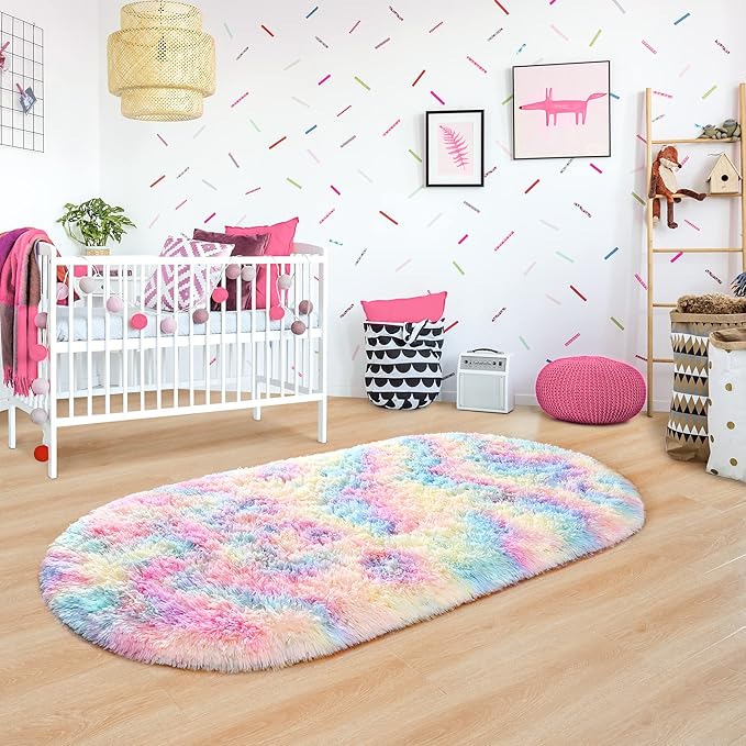 Noahas Rainbow Rug for Kids Room,Fluffy Rugs for Bedroom,2'X 5' Oval Ultra Soft Bedroom Rugs,Small Throw Rugs, Kids Room Carpet Modern Shaggy Area Rugs Home Decor