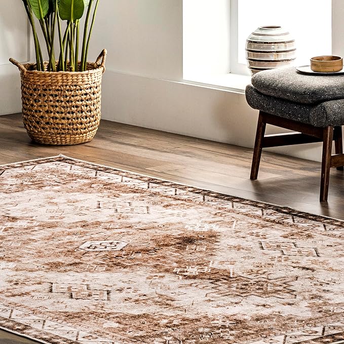 nuLOOM Dorota Machine Washable Geometric Medallion Ultra Thin Area Rug, 6' x 9', Beige
