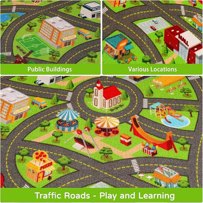 Kids Rugs Traffic Road Carpet for Car City Map Play Rug 3.3'×5' for Playroom Educational Mat Area Rug, Kid Playtime Collection Toddler Car Track Rug Cute Cartoon (City Road B, 39.4×59 in)
