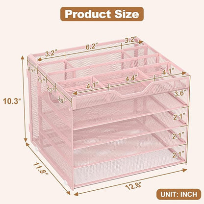 Docnest 5 Tier Desk Organizer with Hanging File Folder Holder&Tray, Pink | Features 3 detachable pen holders and 4 removable dividers.Versatile mesh desktop storage for mail, document,office supplie