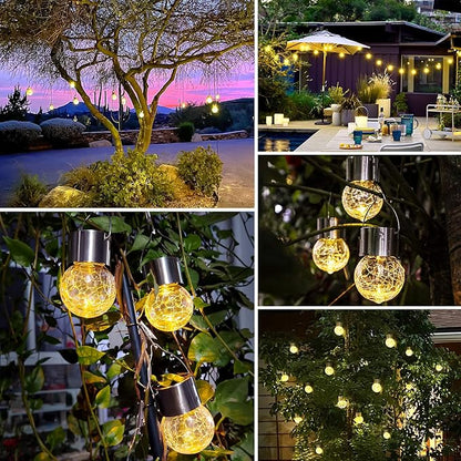 12Pack Hanging Outdoor Solar Lights - Decorative Cracked Glass LED Ball Lights Waterproof Tree Solar Powered Globe Lights with Handle for Garden Yard Patio Fence Christmas Decoration, Warm White
