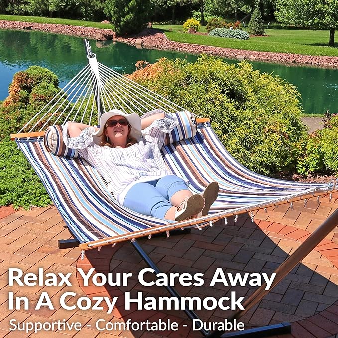 Sunnydaze Quilted Outdoor Hammock with Spreader Bars - Heavy-Duty 450-Pound Capacity Double Hammock for Outside - Ocean Isle