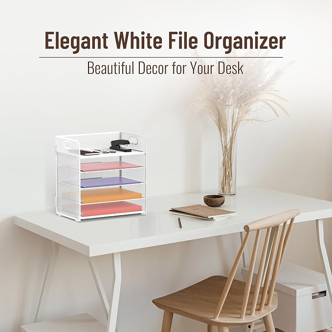 2 Pack 5-Tier White Desk Organizer with Handle Mesh Desk File/Paper Organizer Letter Tray for Office, School and Home Easy Installation