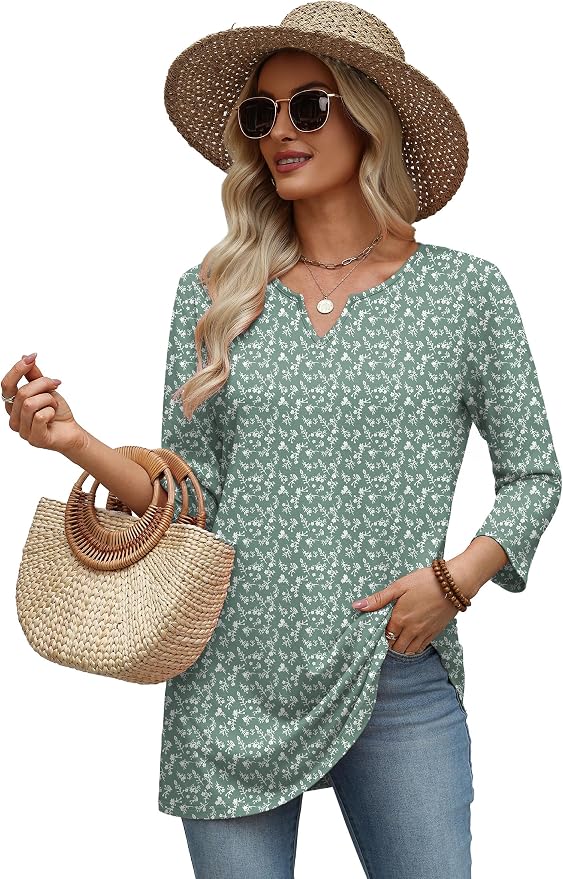 OFEEFAN Summer Boho Tops For Women 3/4 Length Sleeve Womens Tops Vacation Outfits