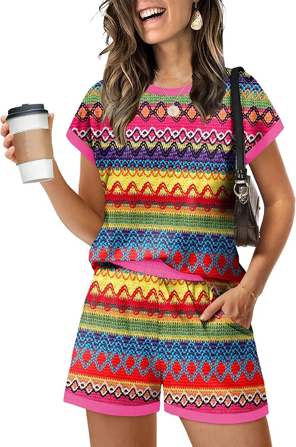 WIHOLL Two Piece Sets for Women Summer Lounge Short Sets Cap Sleeve Crew Neck Sweatsuit with Pocket XS-2XL