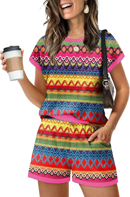 WIHOLL Two Piece Sets for Women Summer Lounge Short Sets Cap Sleeve Crew Neck Sweatsuit with Pocket XS-2XL
