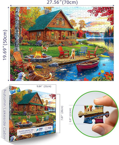 Autumn Lake House 1000 Piece Jigsaw Puzzle for Adults Log Cabin with Dogs & Fall Foliage Adult Puzzles 1000 Pieces for Family Game Night & Home Decor