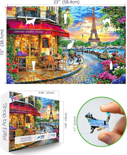 Paris Street 500 Piece Jigsaw Puzzle for Adults & Seniors, Eiffel Tower Cafe Scene Sunset, Romantic Parisian Landscape Travel Art, Family Puzzle with Letters on Back(23" x 15")