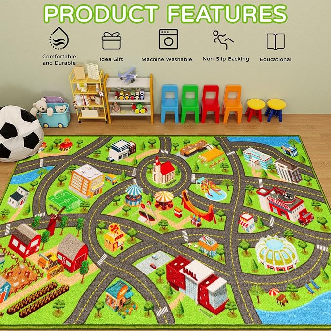 Kids Rugs Traffic Road Carpet for Car City Map Play Rug 3.3'×5' for Playroom Educational Mat Area Rug, Kid Playtime Collection Toddler Car Track Rug Cute Cartoon (City Road B, 39.4×59 in)