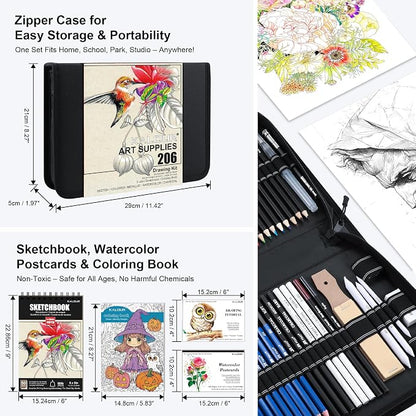 KALOUR 206 Drawing Set Sketching Kit,Art Supplies with 3-color Sketchbook & Coloring Paper,Include Tutorial, Colored, Graphite, Charcoal, Watercolor & Metallic Pencil,for Artists Adults Teens Beginner