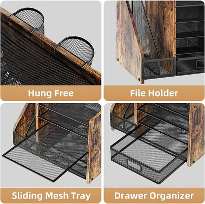 Marbrasse Desk Organizer with File Holder, 5-Tier Paper Letter Tray Organizer with Drawer and 2 Pen Holder, Mesh Desktop Organizer and Storage with Magazine Holder for Office Supplies (Wood-Brown)