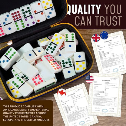 Queensell Double 9 Dominos Set for Adults and Kids with Colored Dots – Classic Dominoes Game Set with 55 Tiles, Wooden Hub, Trains and EVA Carrying Case
