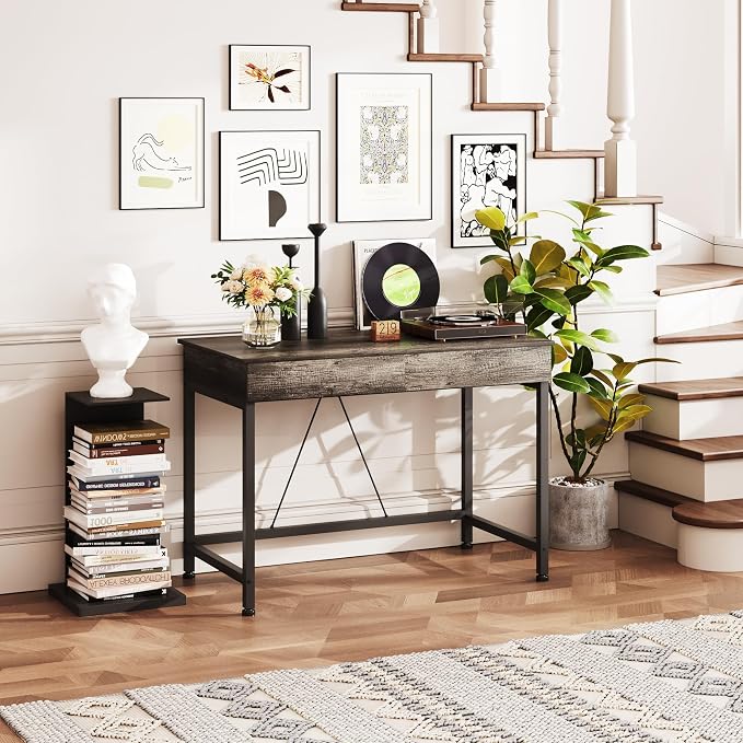Mexin Small Desk with 2 Wooden Drawers, 40 Inch Home Office Writing Desk, Vanity Desk with Storage, Computer Desk for Bedroom Small Spaces, Table for Office, Work, Kids Study, Makeup, Gray Oak