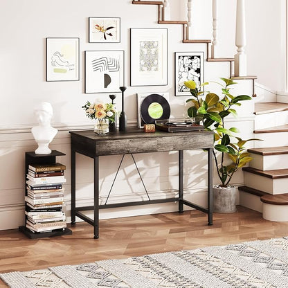 Mexin Small Desk with 2 Wooden Drawers, 40 Inch Home Office Writing Desk, Vanity Desk with Storage, Computer Desk for Bedroom Small Spaces, Table for Office, Work, Kids Study, Makeup, Gray Oak