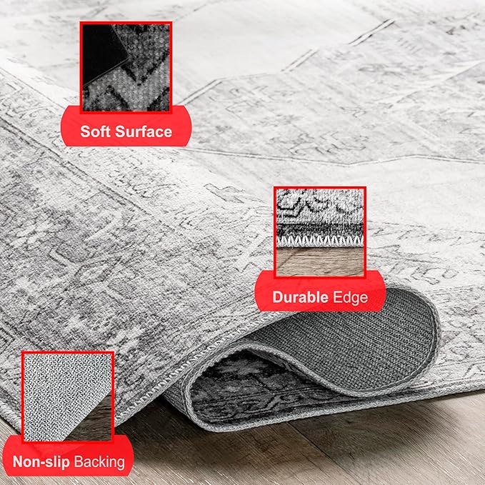 nuLOOM Gracie Distressed Medallion Machine Washable Ultra Thin Area Rug, 5x8, Grey