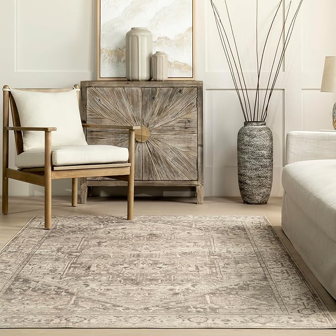 nuLOOM 2x3 Machine Washable Rain Haven Vintage Medallion Area Rug, Grey, Traditional Faded Design, Non-Slip Backing, Stain Resistant, For Bedroom, Dining Room, Living Room, Kitchen