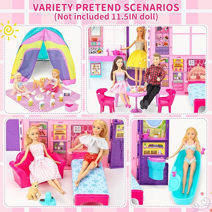 Style Shine Doll House Portable & Foldable Dollhouse w/ 60+ Pcs & 2 Dolls, Play House Toy with Bedroom Kitchen Pet House Camping Playset, Playhouse Gift for Girl Kid Toddler