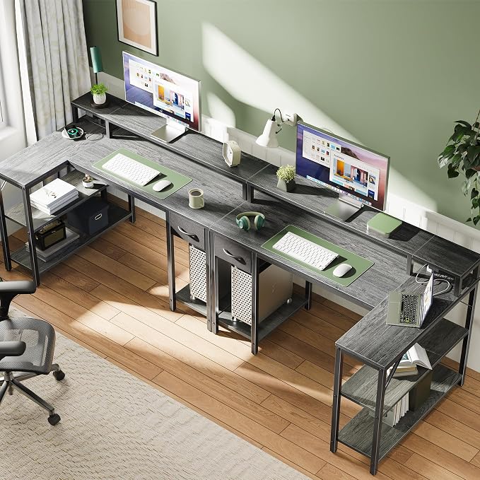SUPERJARE 47 inch Reversible L Shaped Desk with LED Lights & Power Outlets, Computer Desk with Shelves & Monitor Stand, Gaming Desk with Drawer, Home Office Desk Corner Desk, Grey
