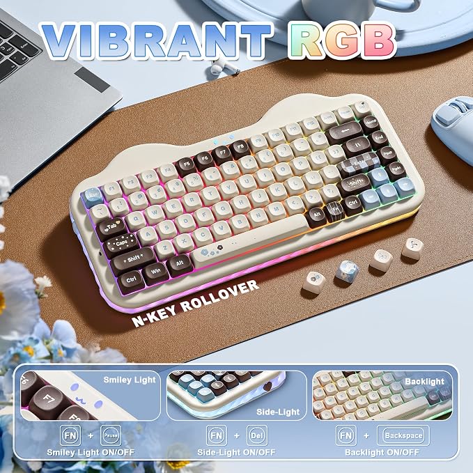 YUNZII C75 Cute 75% Wireless Mechanical Keyboard (Choco, Candy Switch) | Creamy Cake Keyboard, BT5.0/2.4G/USB-C, Hot-Swap, NKRO, PBT MOA Keycaps,5500mAh RGB Gasket Mount for Mac/Win/Gaming/Office
