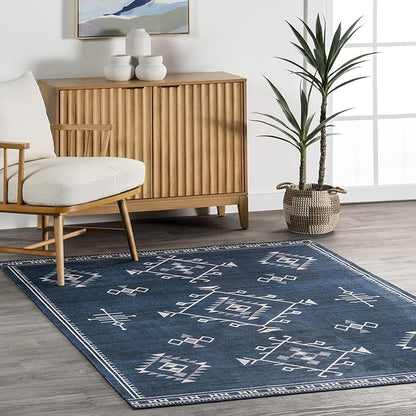 nuLOOM Evalyn Southwestern Machine Washable Ultra Thin Accent Rug, 3' x 5', Navy